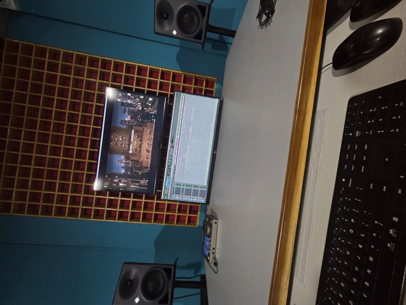 Overhead view of the Bramhnad Productions mixing studio setup in Mumbai